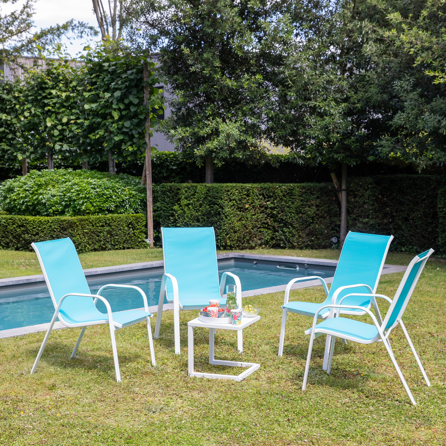 Set van 4 MARBELLA stoelen in blauw textilene - wit aluminium