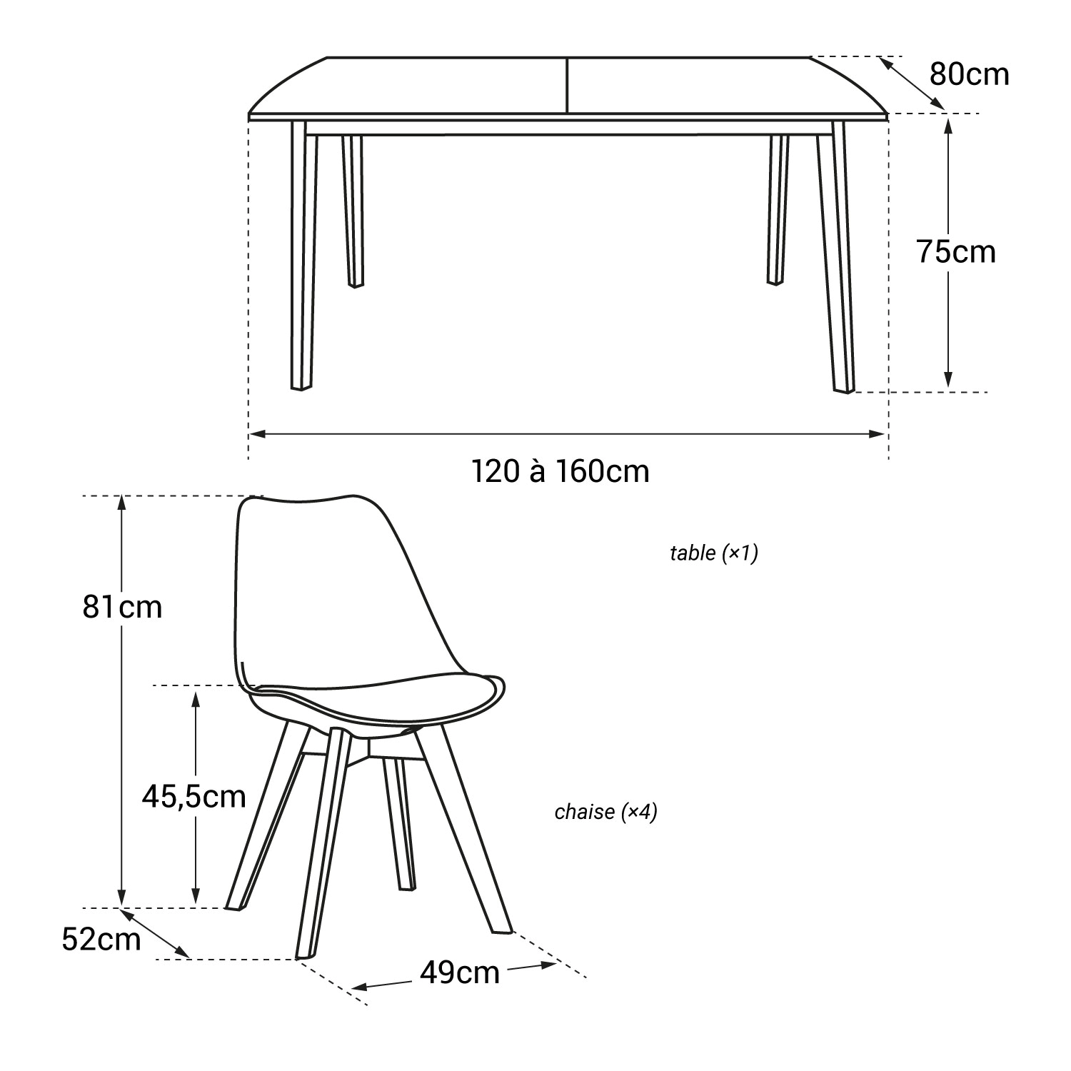 Conjunto de mesa extensible HELGA 120 / 160cm y 4 sillas NORA