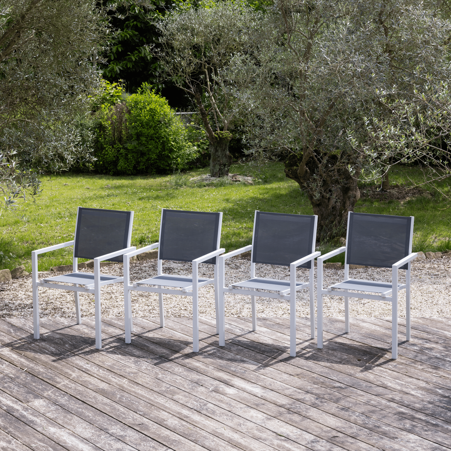 Lot de 4 chaises en aluminium blanc - textilène gris