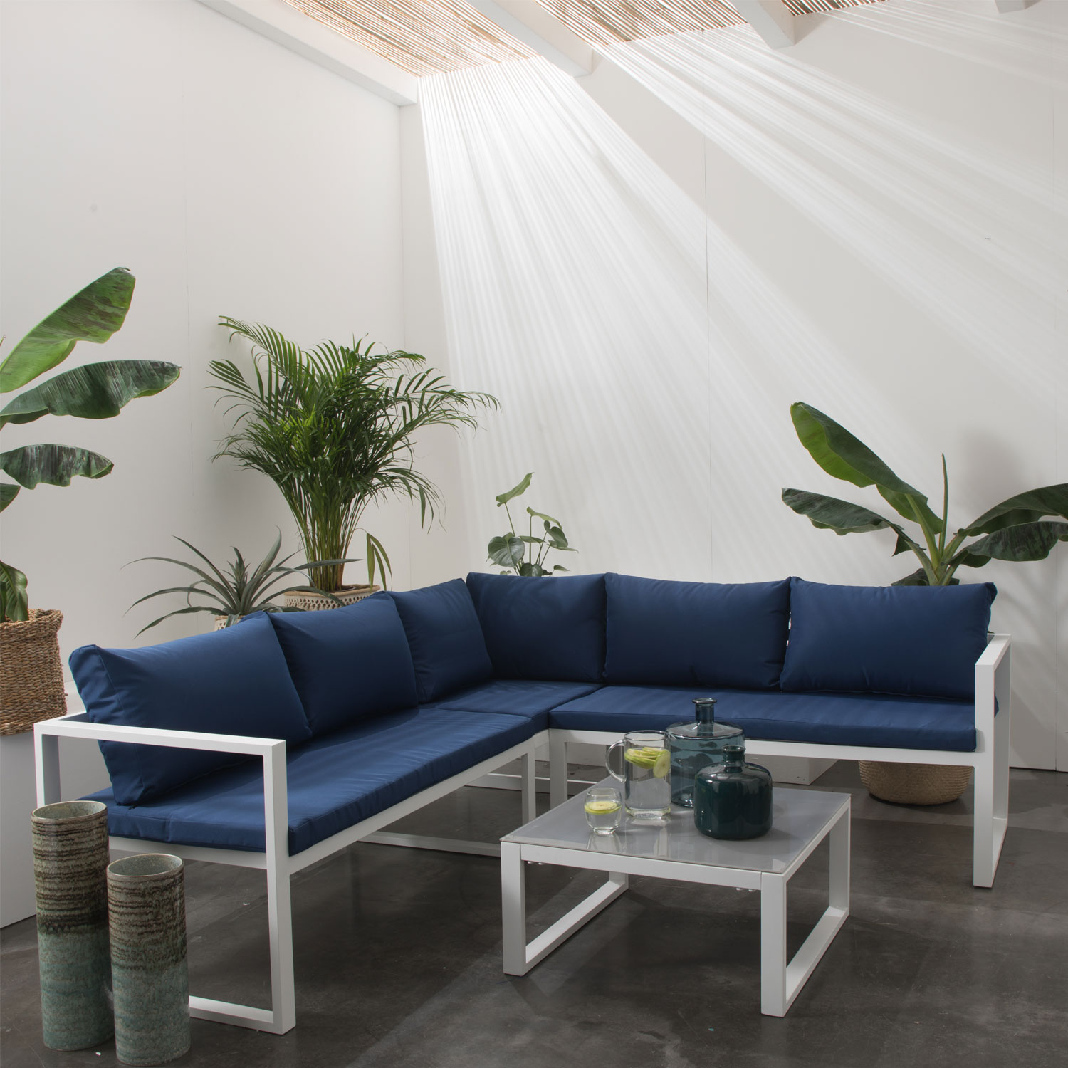 Modularer Gartensalon IBIZA aus blauem Stoff mit 4 Sitzen - Weißaluminium