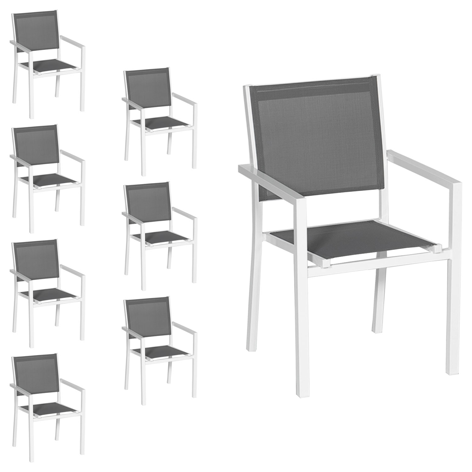 Set van 8 witte aluminium stoelen - grijs textilene