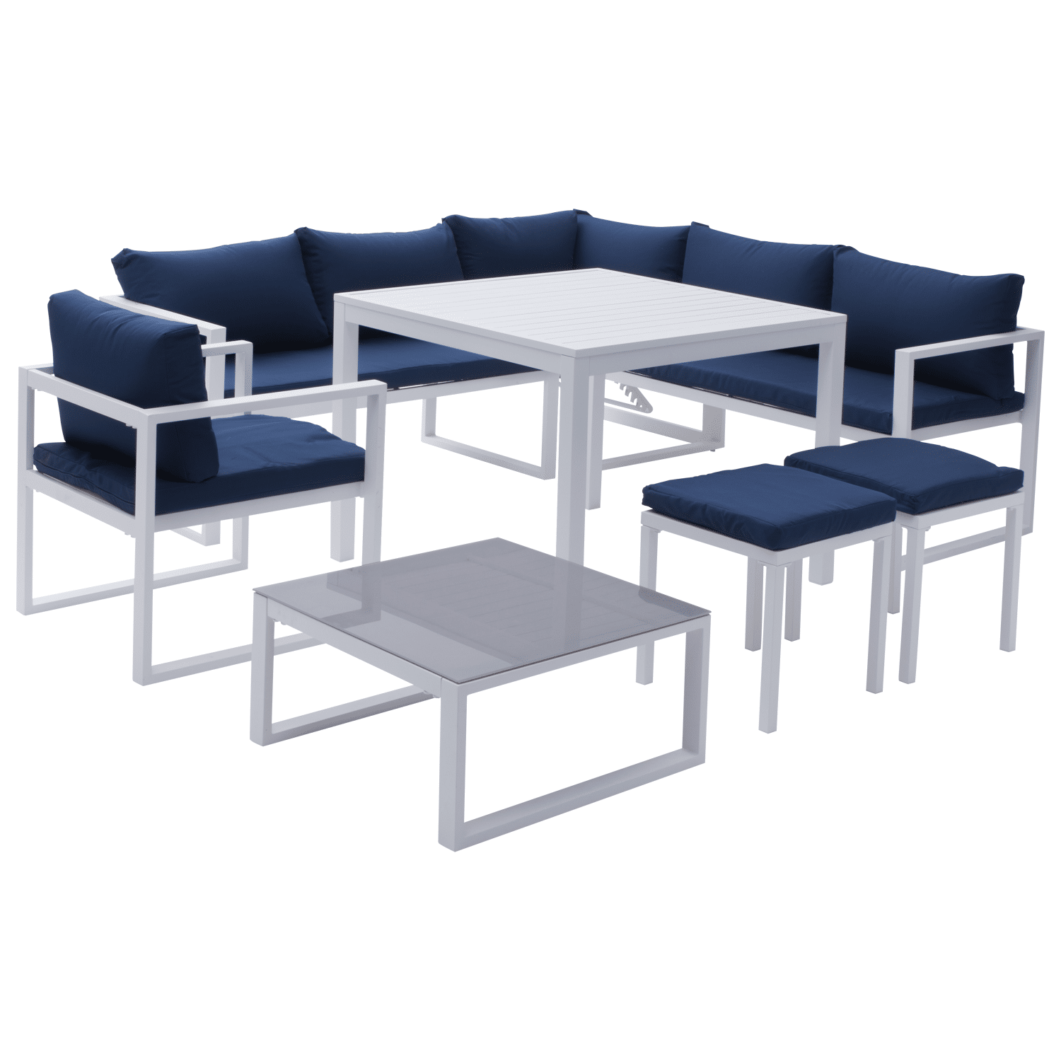 Salon de jardin modulable IBIZA en tissu bleu 7 places - aluminium blanc