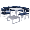 Salon de jardin modulable IBIZA en tissu bleu 7 places - aluminium blanc