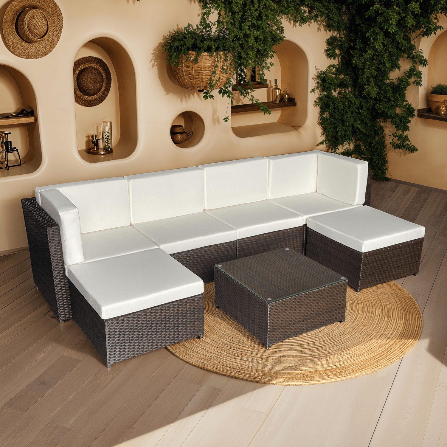 Gartenmöbel BONIFACIO aus braunem Harzgeflecht 6 Sitzplätze - Elfenbeinfarbenes Kissen