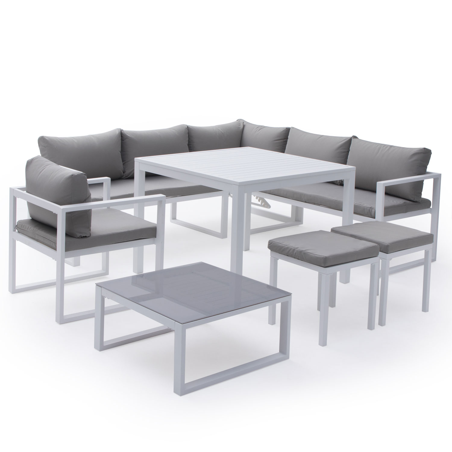 Salon de jardin modulable IBIZA en tissu gris 7 places - aluminium blanc