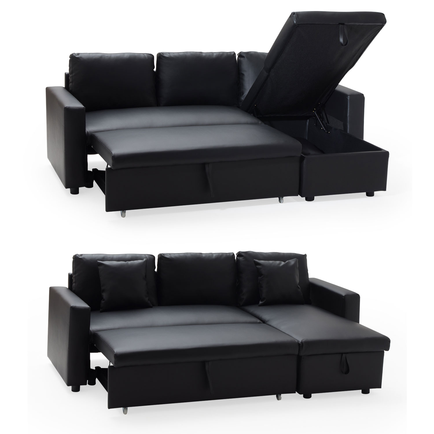 Ecksofa, ausziehbar, Kunstleder CLARK, 3-Sitzer, schwarz