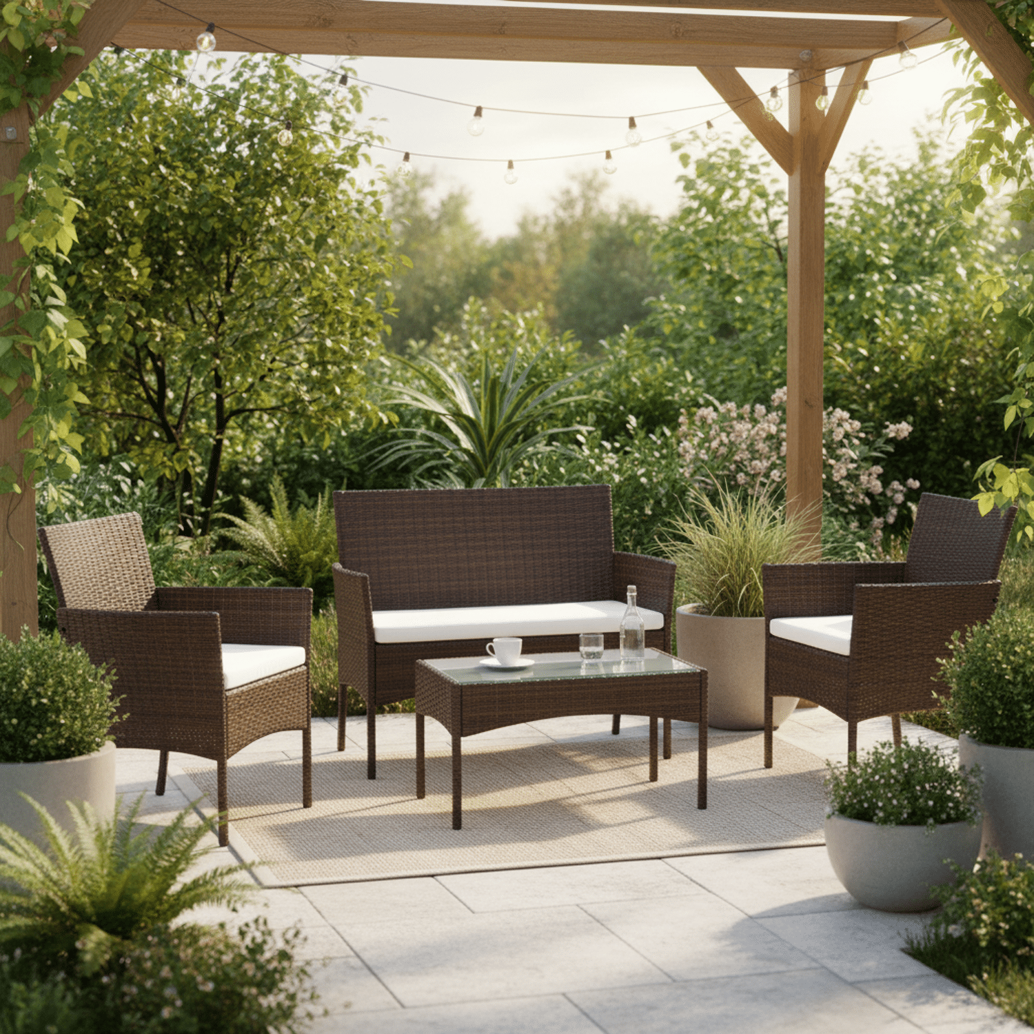 Mobiliário de jardim em resina tecida castanha CORDOUE 4 lugares - almofadas de creme