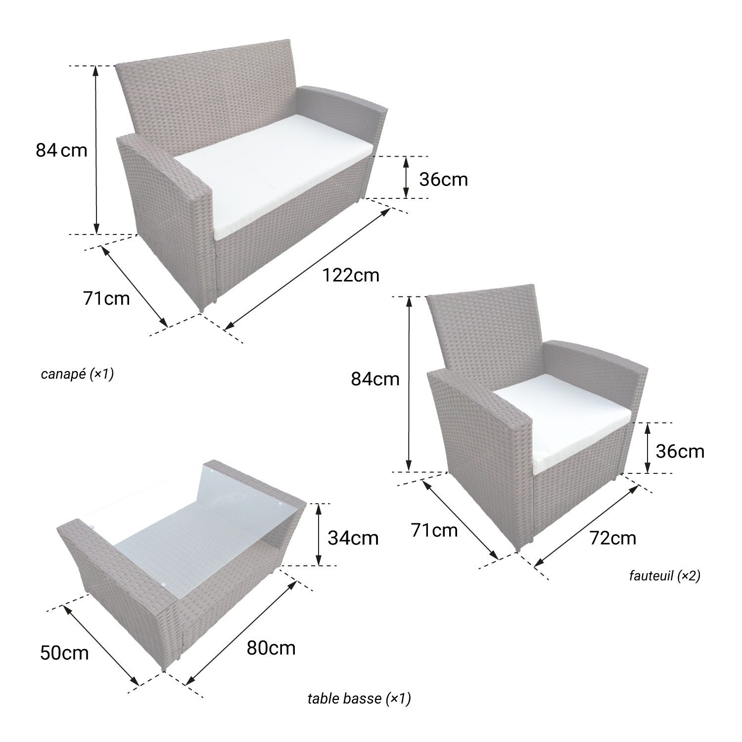 Gartenmöbel COMINO aus grauem Geflecht, 4 Sitzplätze - graue Kissen