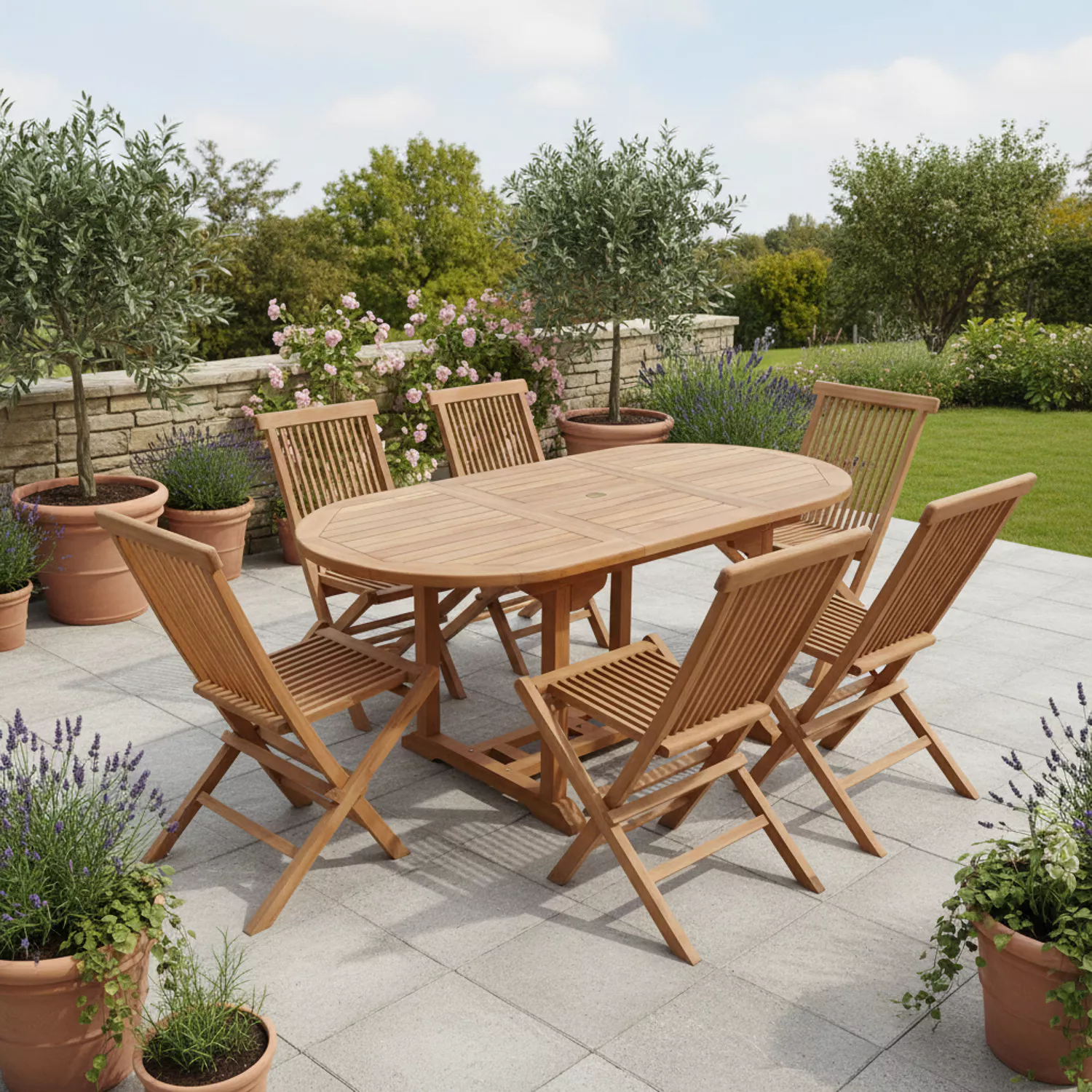 Salon de jardin en teck LOMBOK - table ovale extensible - 6 places