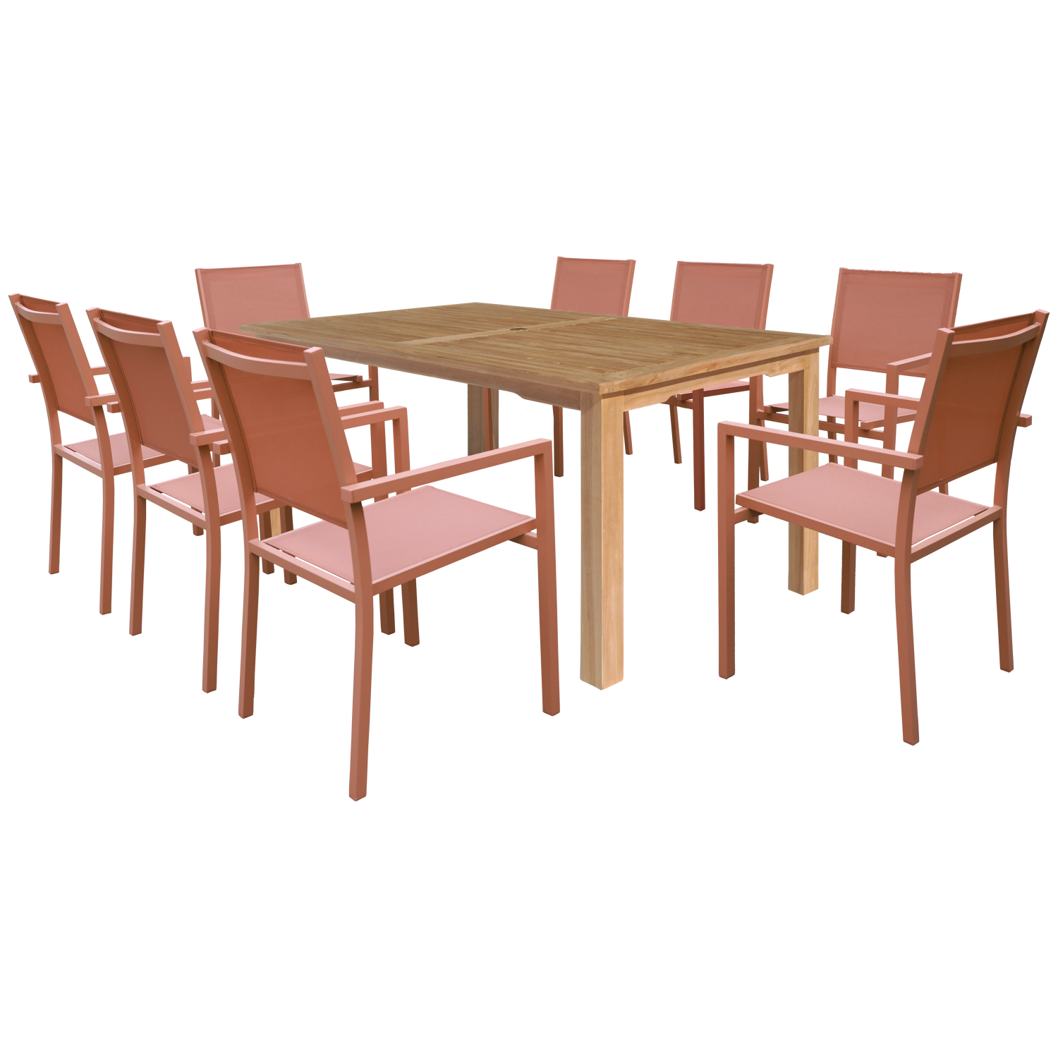Set di mobili da giardino JAVA in teak con sedie in alluminio color terracotta - 8 posti a sedere
