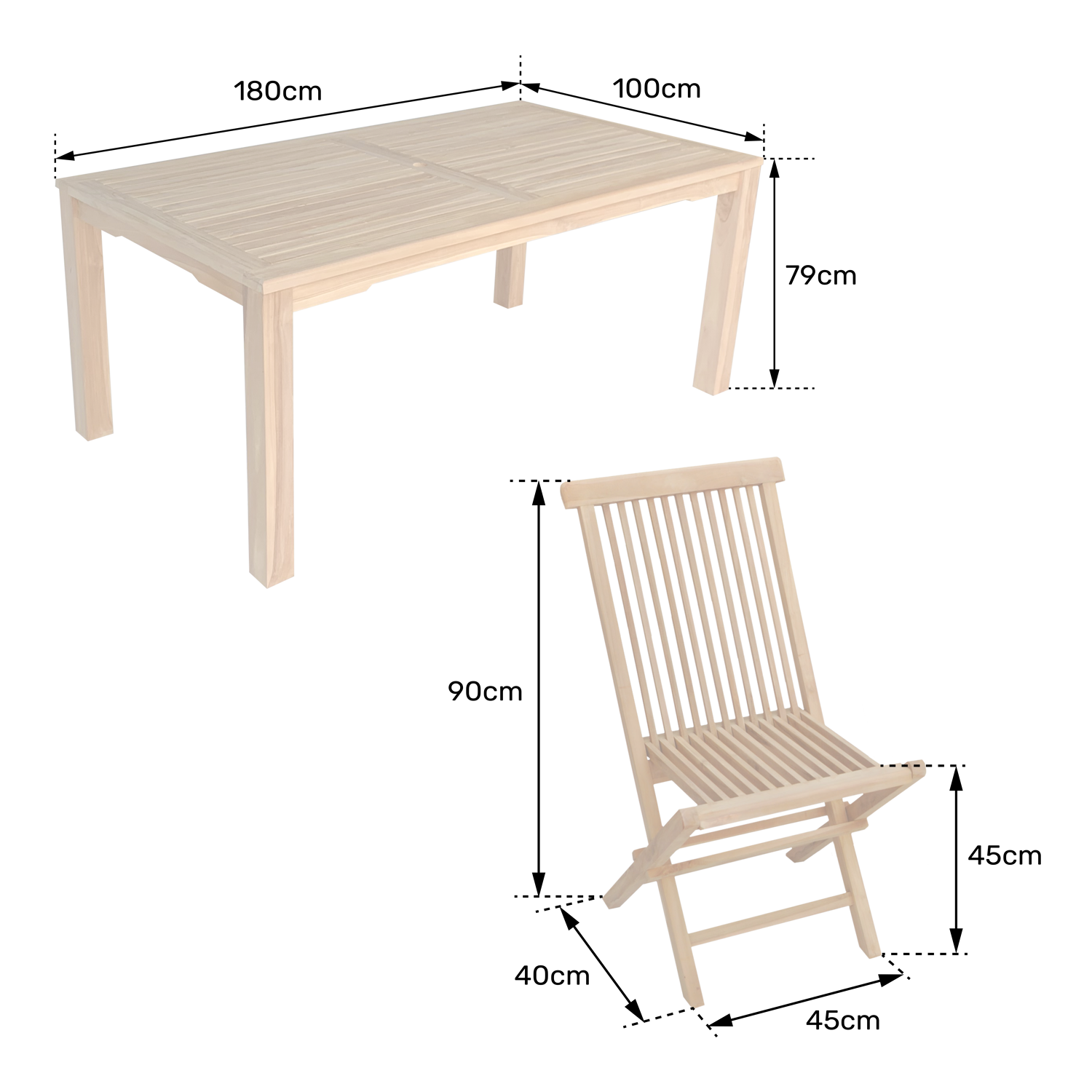 Teakhouten tuinmeubelen JAVA - rechthoekige tafel en klapstoelen - 8 zitplaatsen