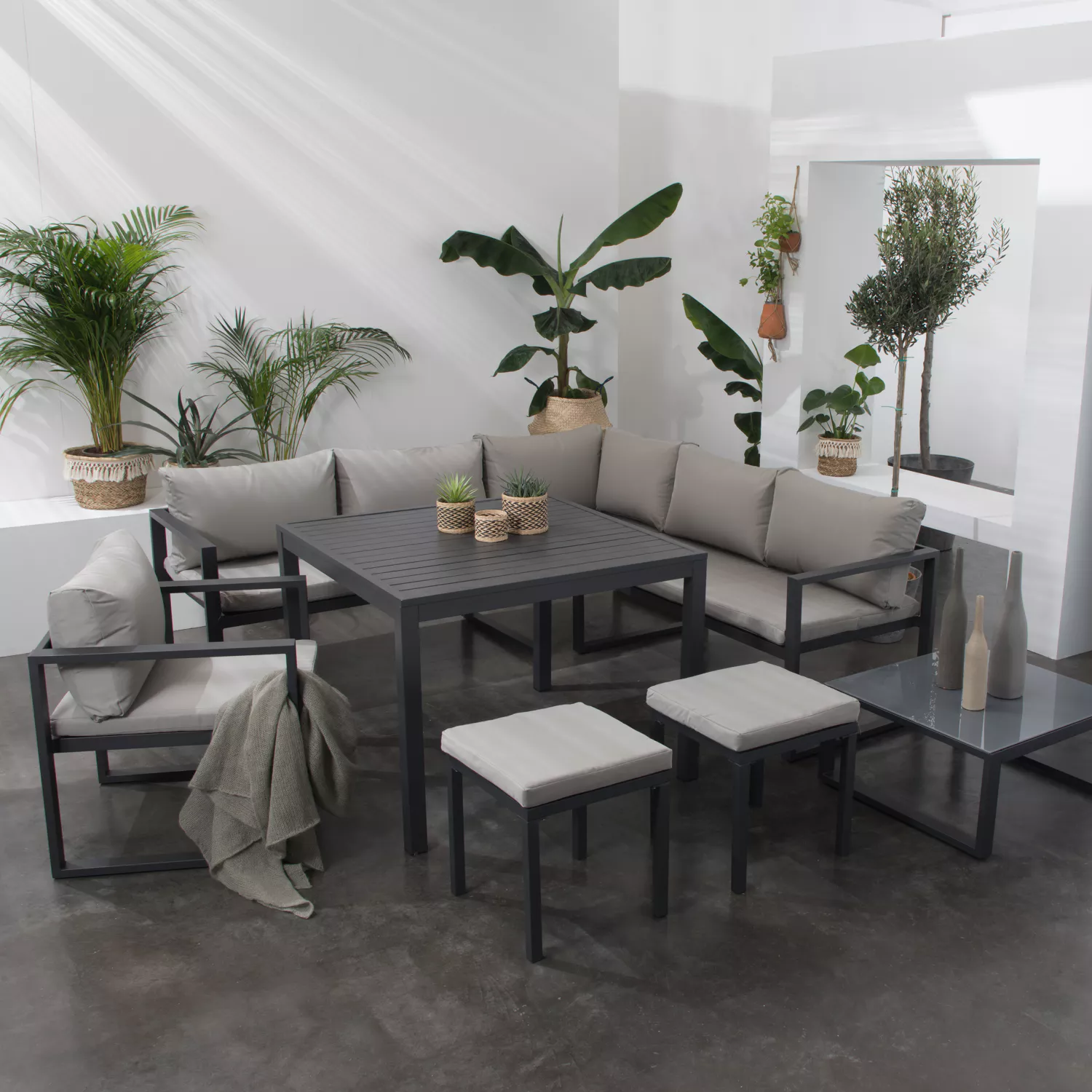 Salon de jardin modulable IBIZA en tissu gris 7 places - aluminium anthracite