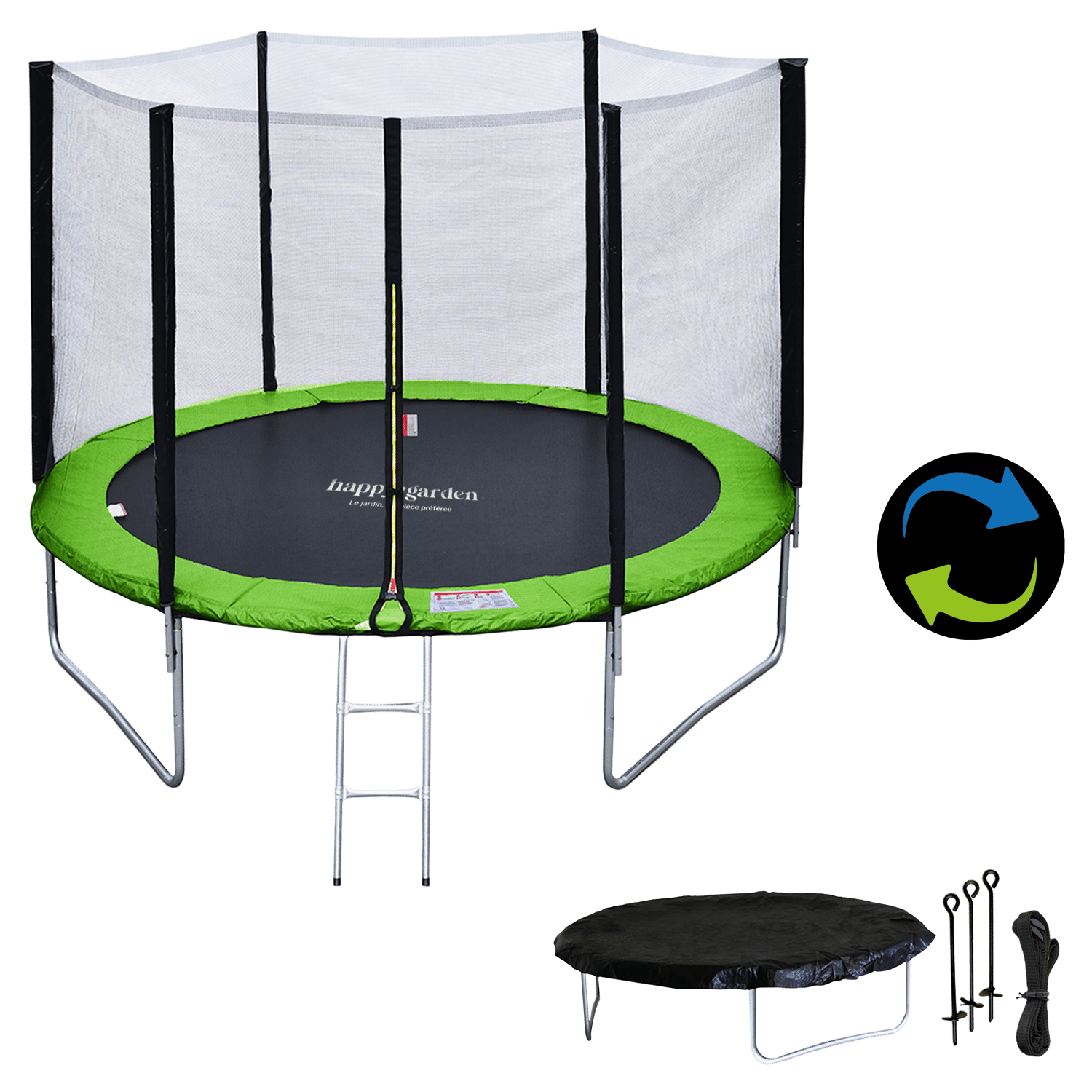 Premium Pack Trampolin 305cm wendbar grün / blau ADELAÏDE + Netz, Leiter, Plane und Verankerungsset