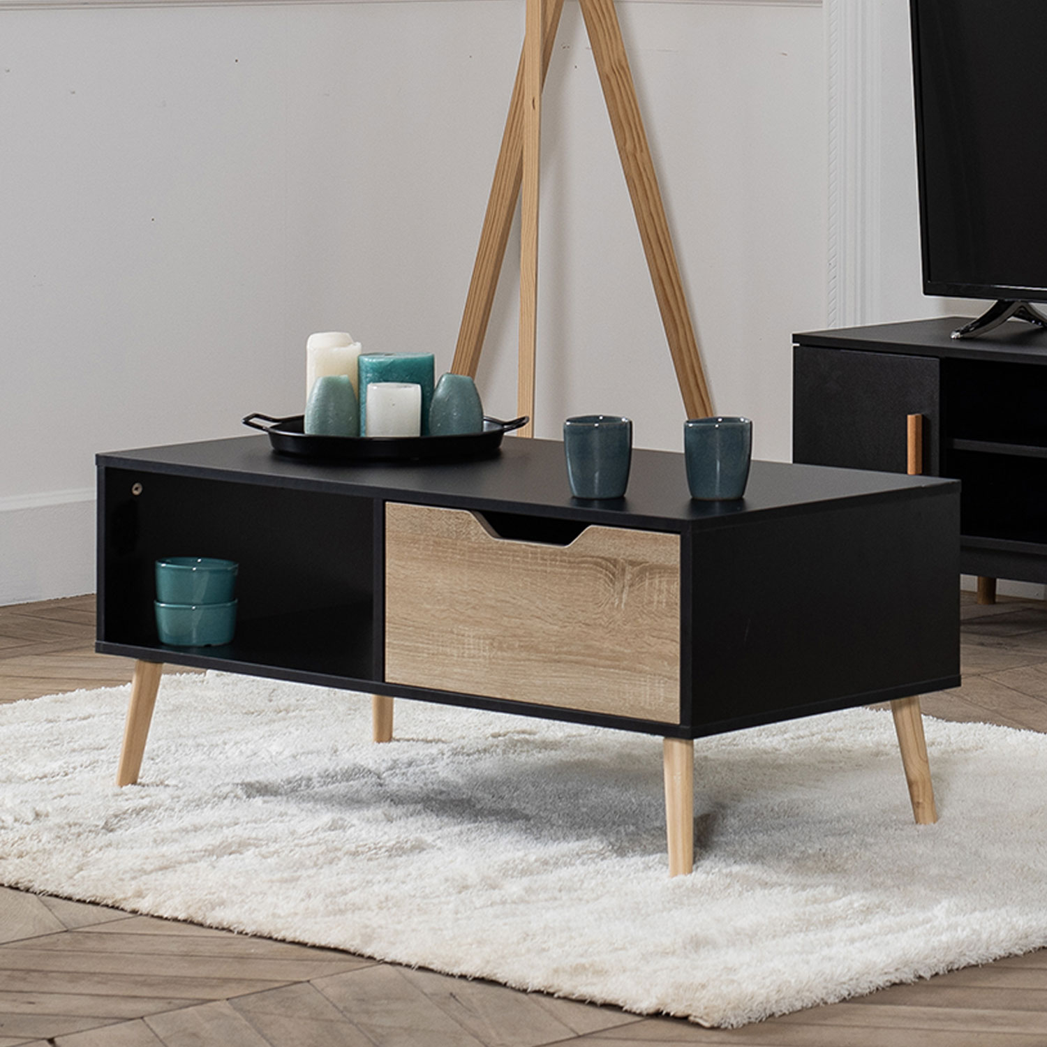 FREJA tavolino nero in stile scandinavo con cassetto