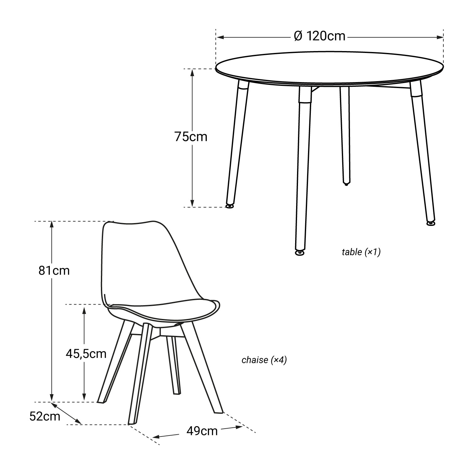 MARTHA ronde tafel 120cm en 4 stoelen NORA zwart