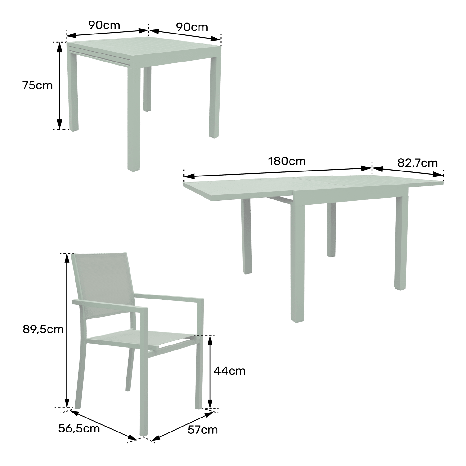 Conjunto de mobiliário de jardim extensível VENEZIA 90/180 em textilene verde-salvo 8 lugares - alumínio verde-salvo