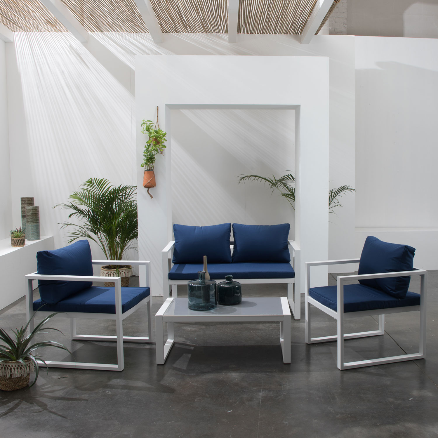 Gartenmöbel IBIZA aus blauem Stoff 4-Sitzer - Weißaluminium