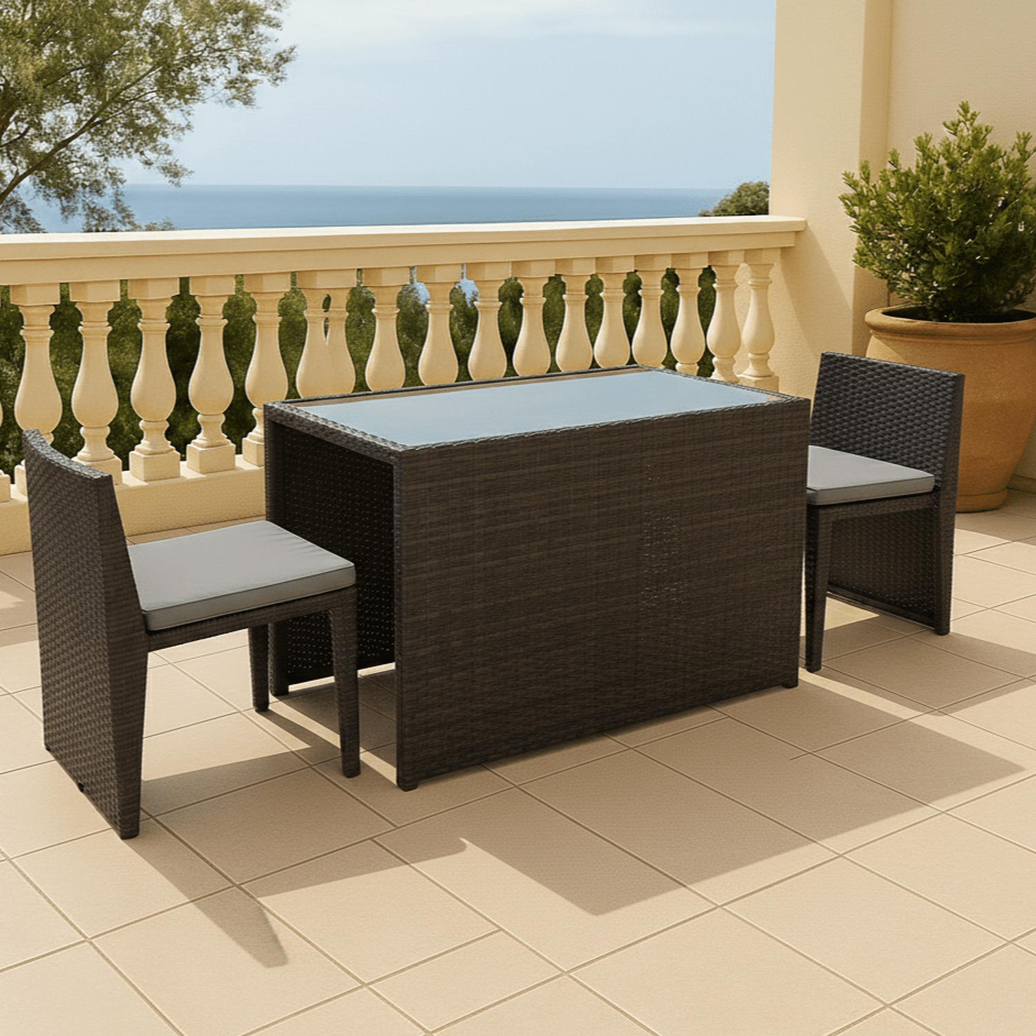 SANTORIN conjunto de móveis de jardim embutidos em resina tecida preta 2 lugares - almofadas cinzentas