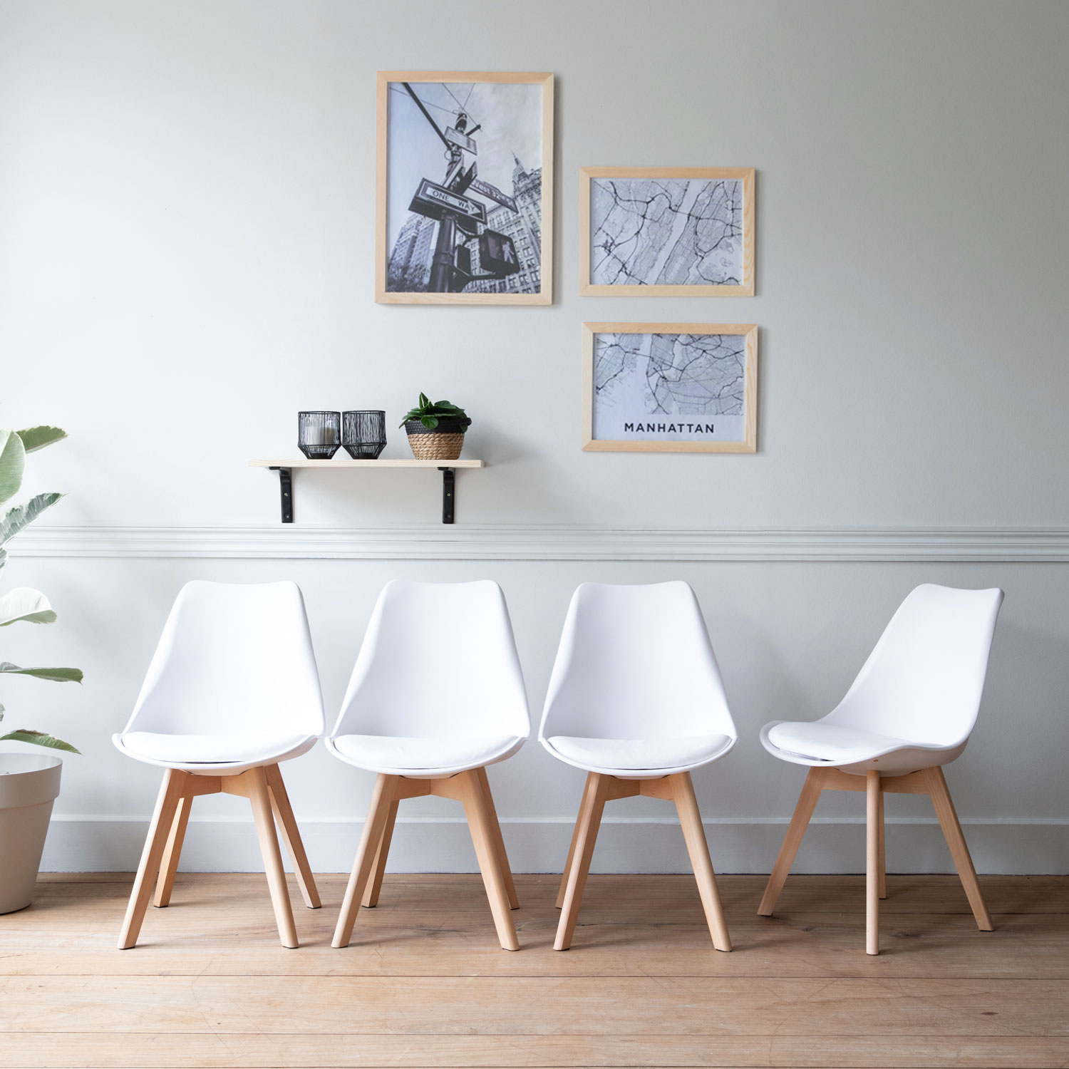 Conjunto de 4 cadeiras escandinavas brancas NORA com almofada