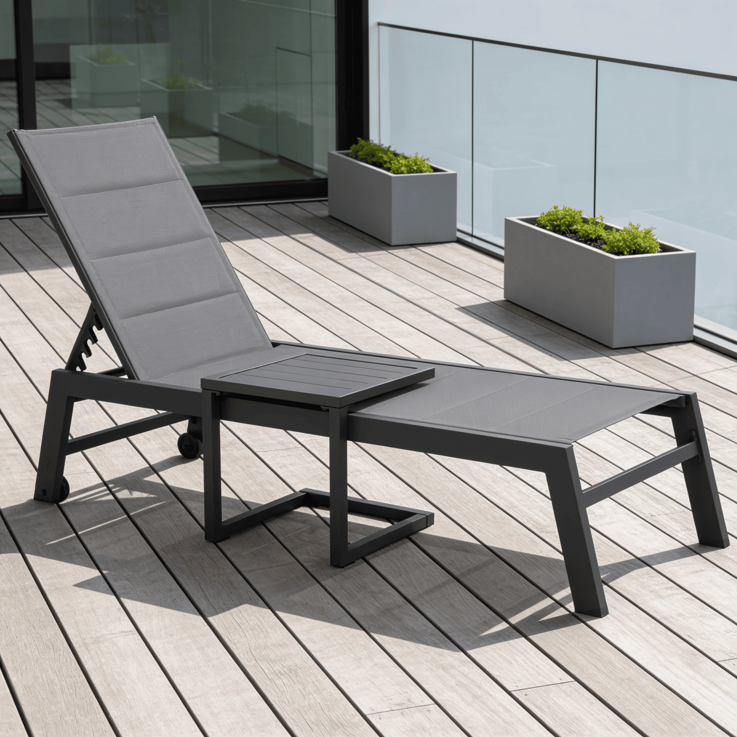 Set bain de soleil et table d'appoint en textilène gris - aluminium gris anthracite