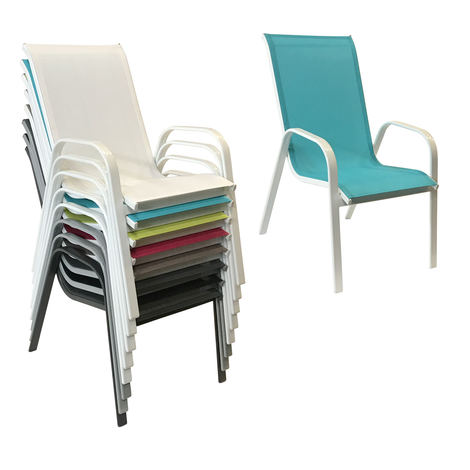 Set van 8 MARBELLA stoelen in blauw textilene - wit aluminium