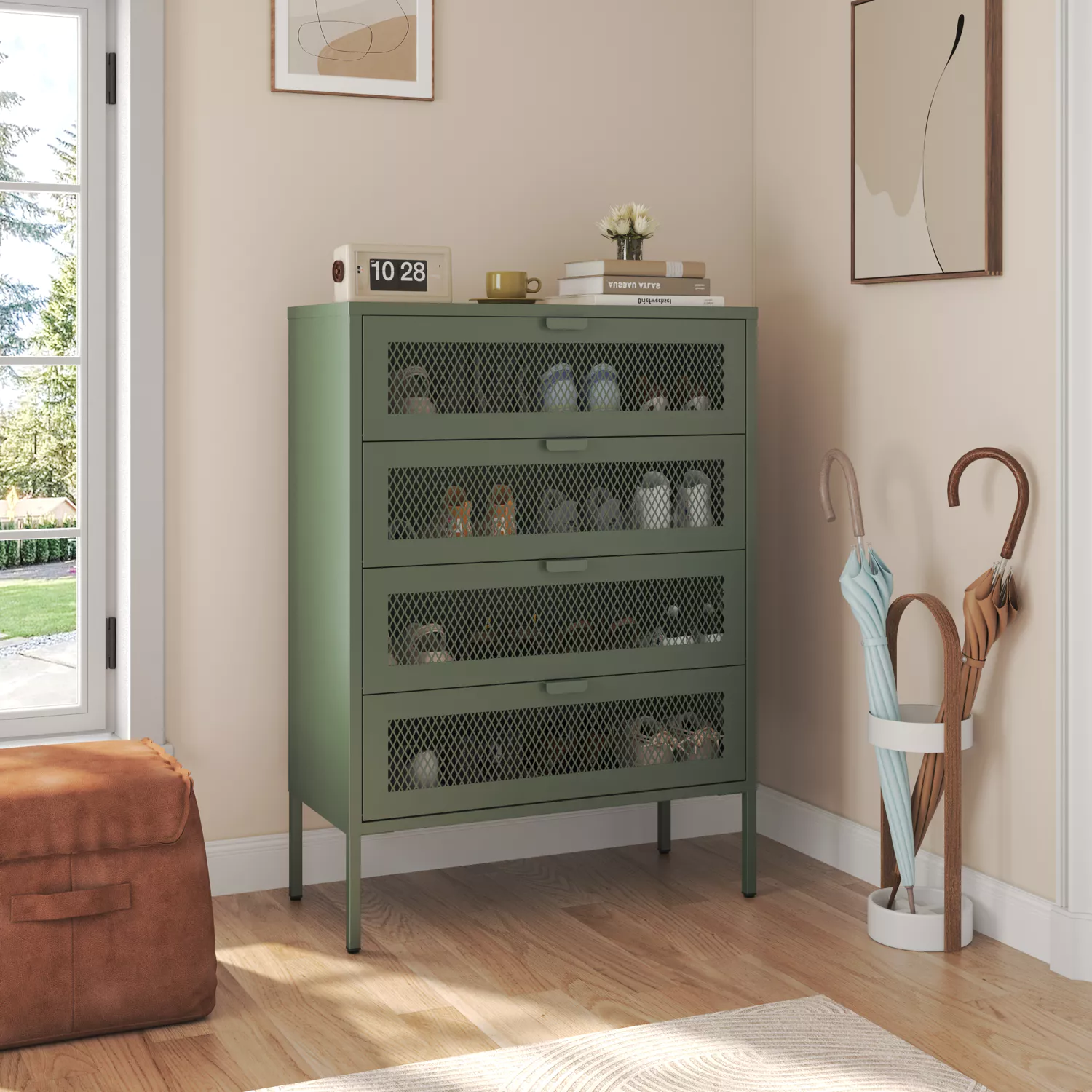 Meuble à chaussures 4 portes en métal vert kaki EMMA