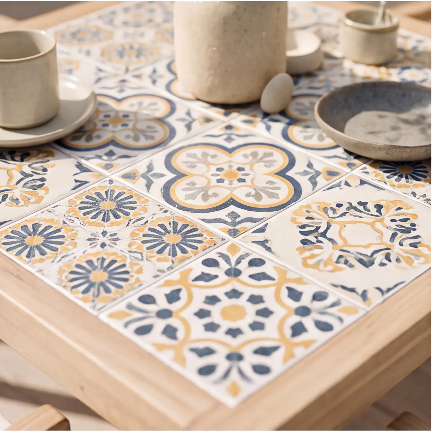 Mesa de jardim de 4 lugares e cadeiras em acácia e cerâmica