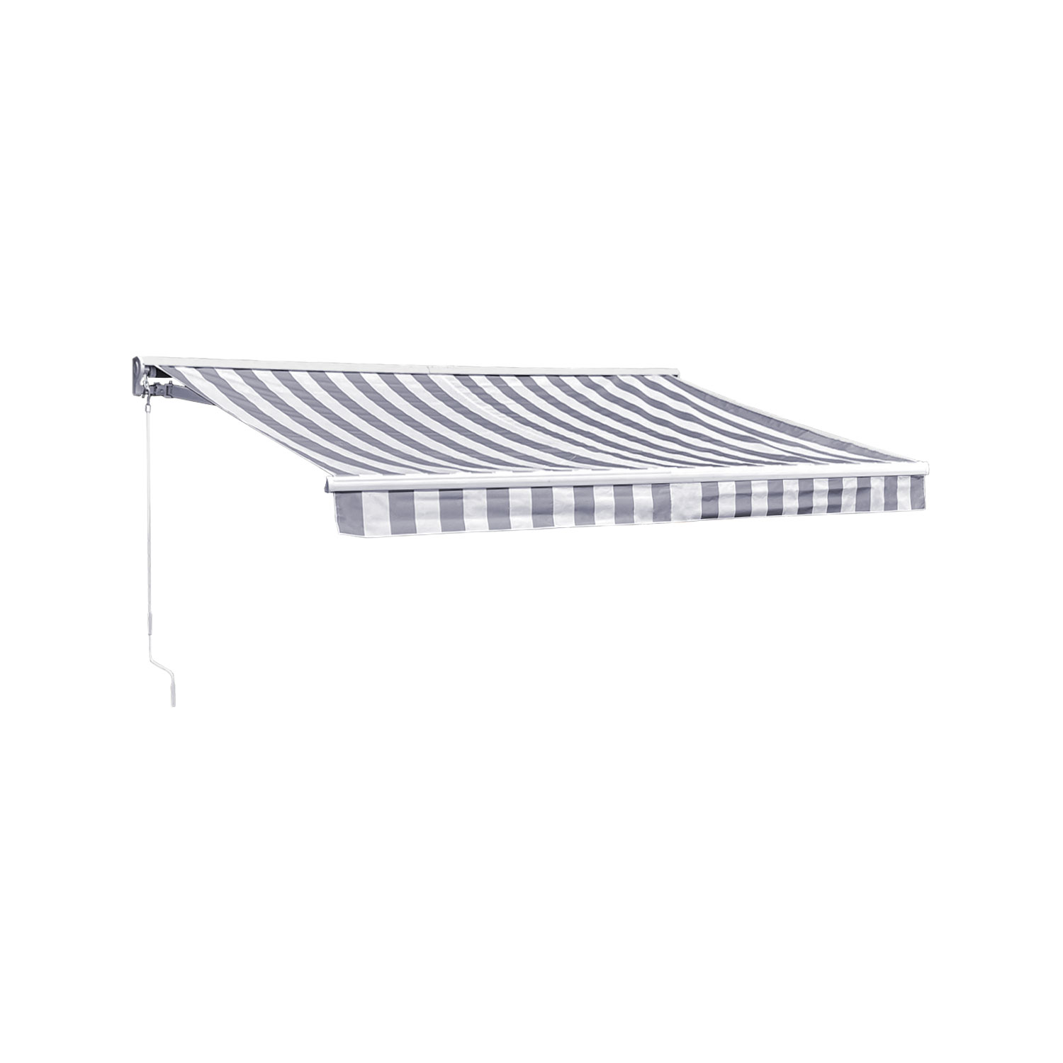Toldo SAULE 2,95 × 2,5m com semi-canópia - Tecido listrado branco/cinzento e estrutura branca