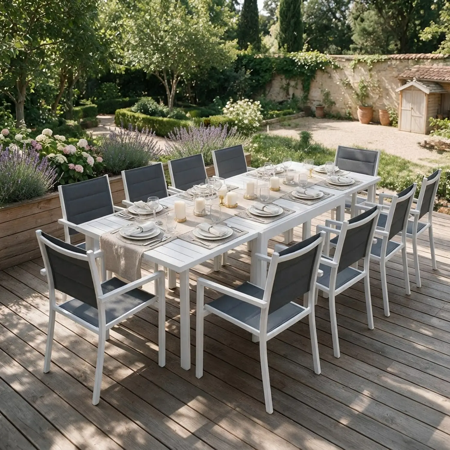 Salon de jardin extensible en textilène gris 10 places - aluminium blanc