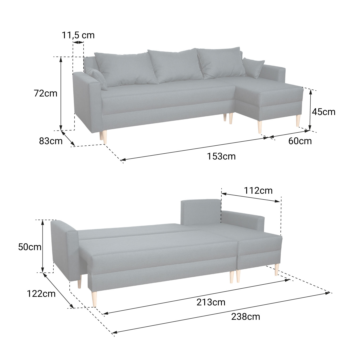 Ecksofa, umwandelbar, ANTONI, 3-Sitzer, grau