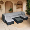 Salon de jardin BONIFACIO en résine tressée noir 6 places - coussin gris