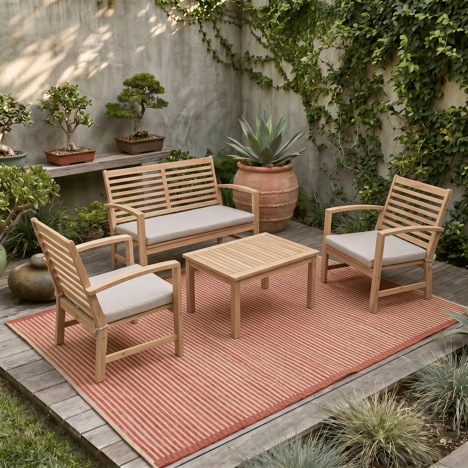 Conjunto de muebles de jardín de acacia 4 plazas cojines arena