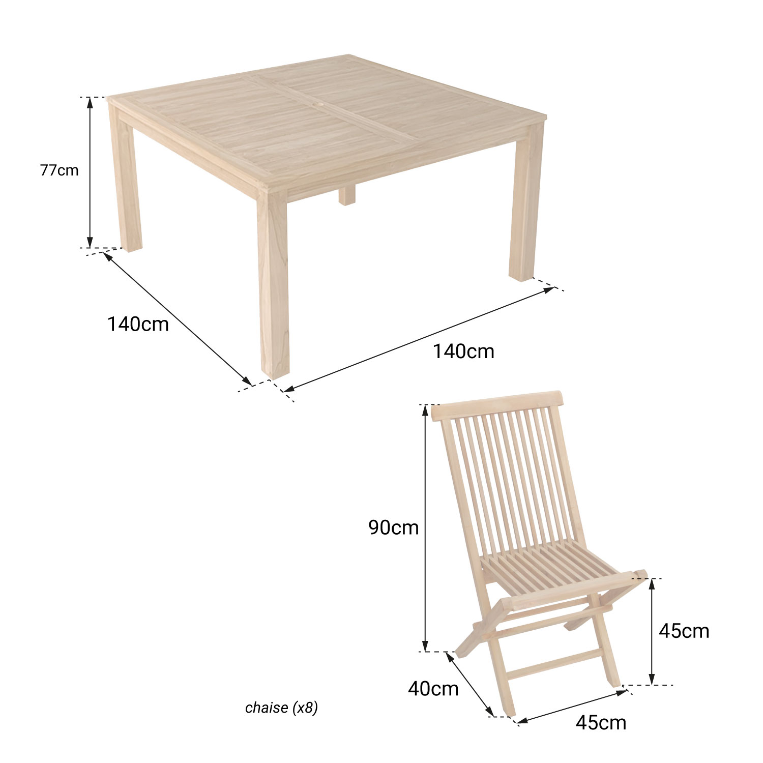 Mobiliário de jardim em teca JAVA - mesa quadrada e cadeiras dobráveis - 8 lugares