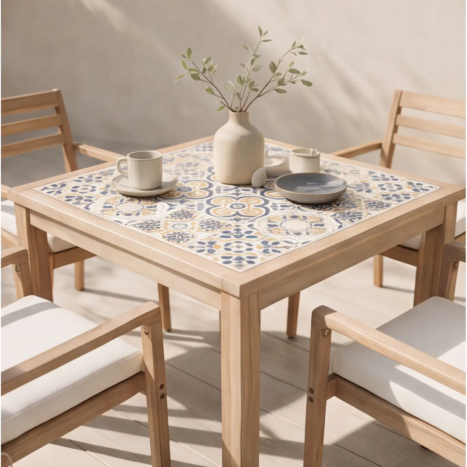 Mesa de jardim de 4 lugares e cadeiras em acácia e cerâmica