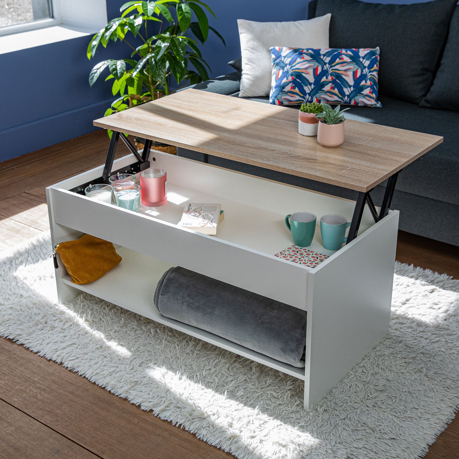 Table basse avec plateau relevable blanche et bois HEDDA