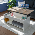 Table basse avec plateau relevable blanche et bois HEDDA