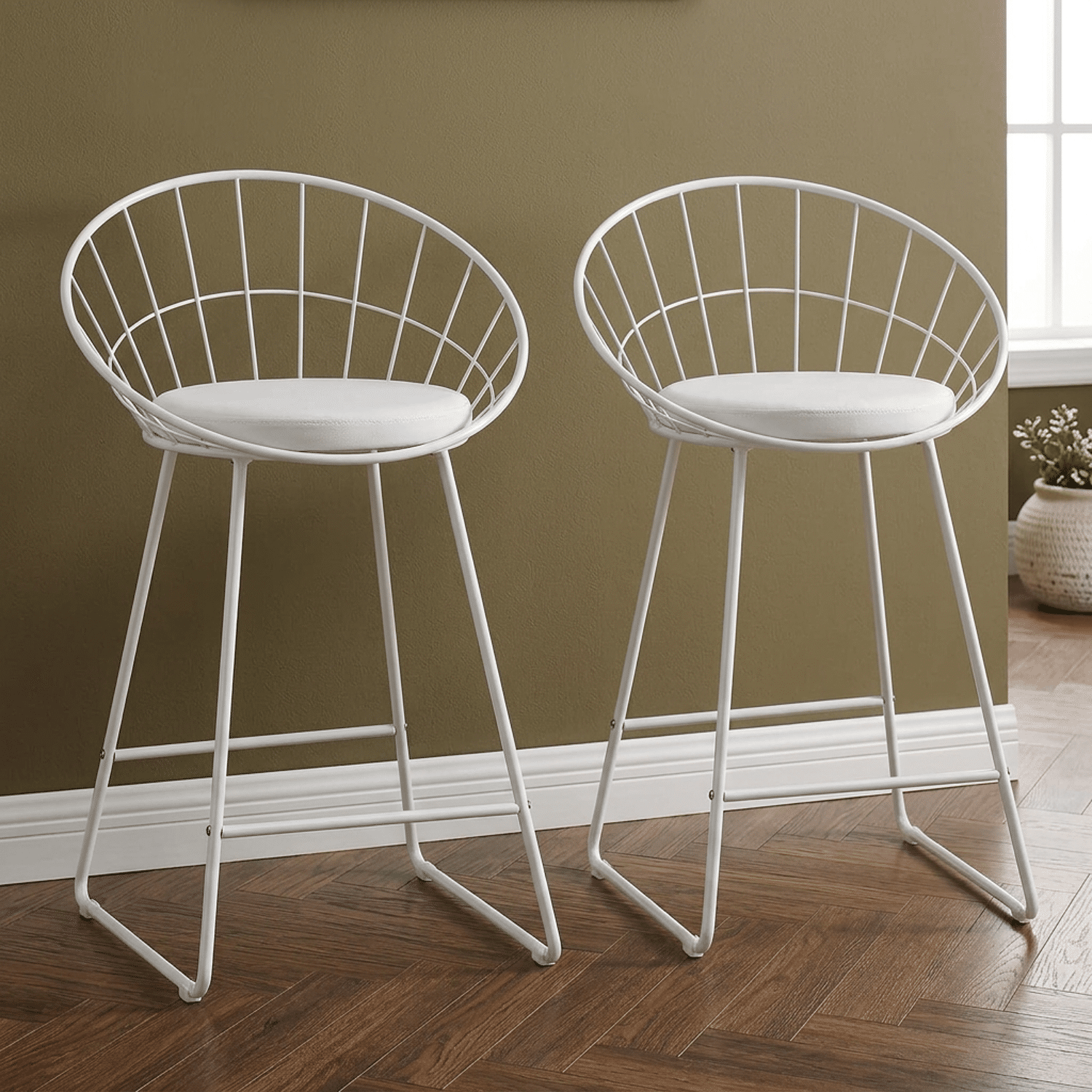Lot de 2 tabourets de bar 65cm en métal blanc et coussin blanc