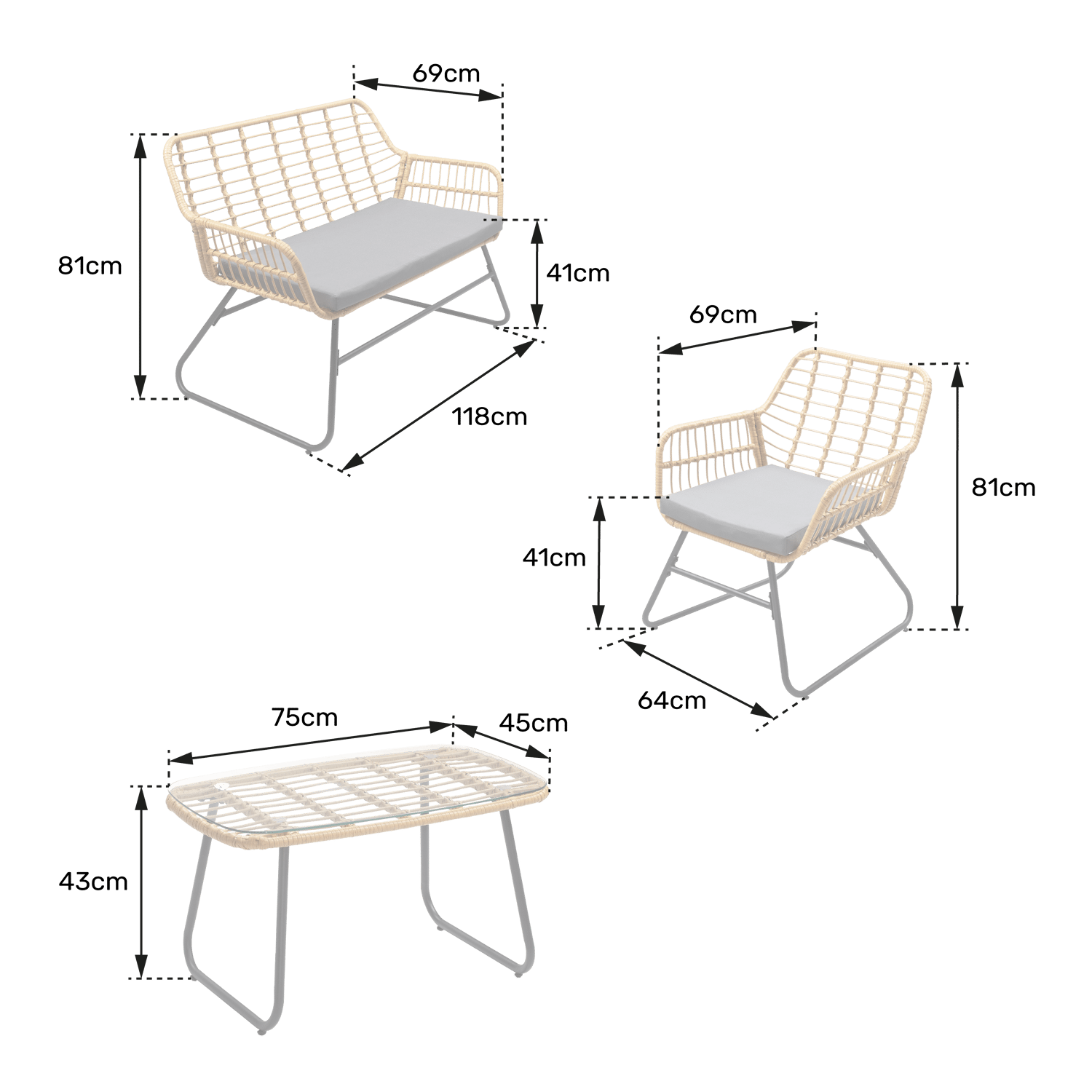 TIGA mobiliário de jardim conjunto em resina tecida 4 lugares - almofadas de creme