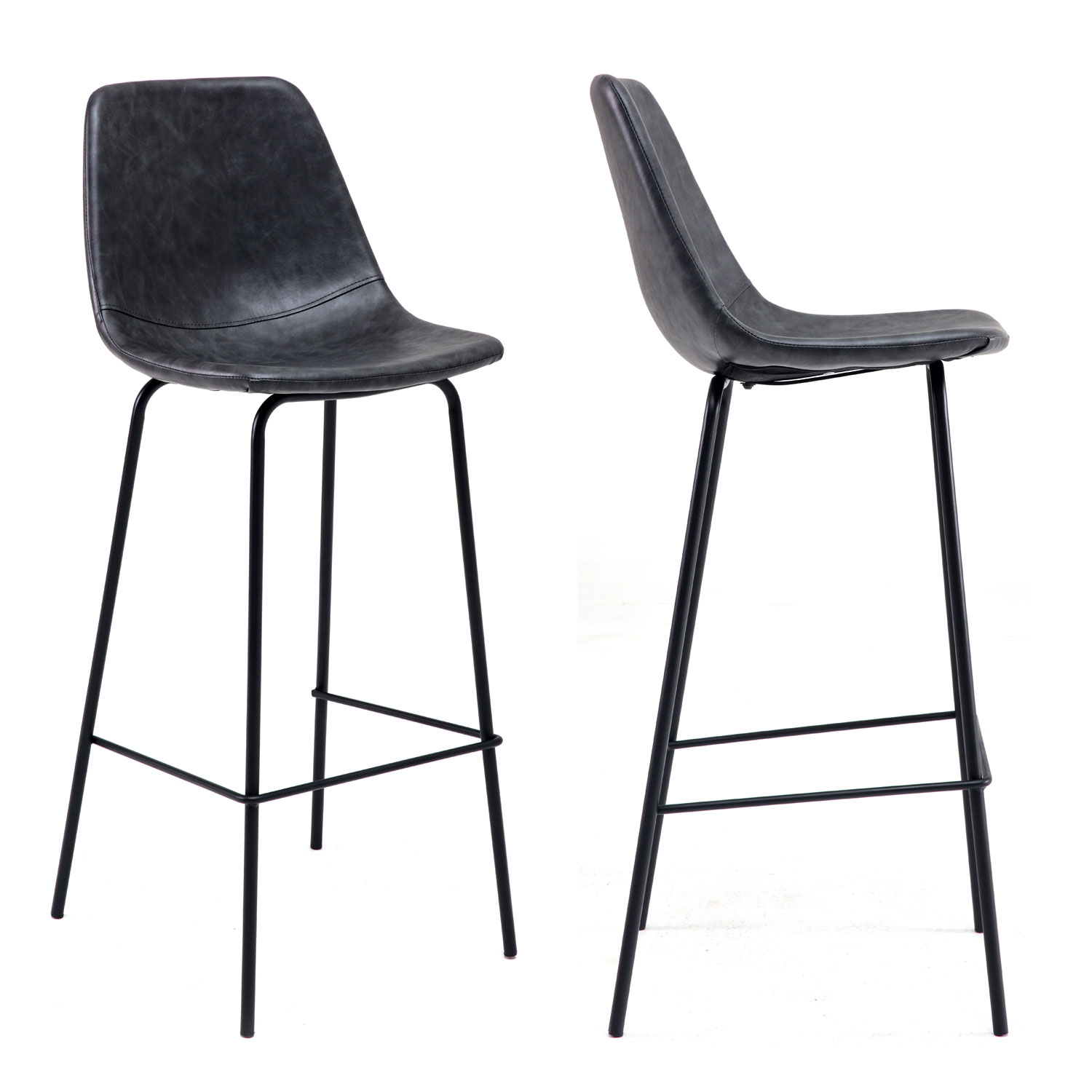 Lot de 2 tabourets de bar vintage LUCIEN gris foncé - Hauteur d'assise 75cm