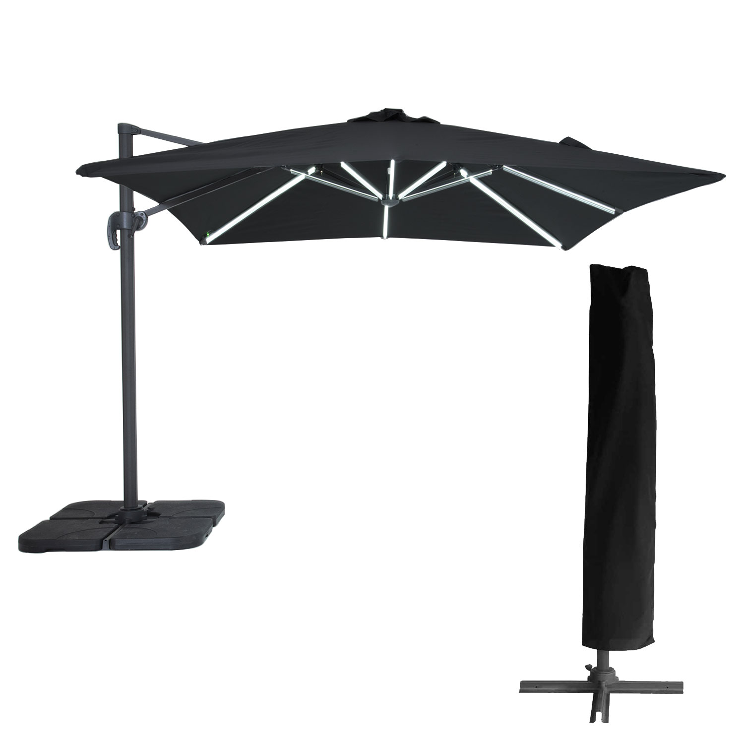 Parasol déporté MOLOKAI carré LED 3x3m noir + housse