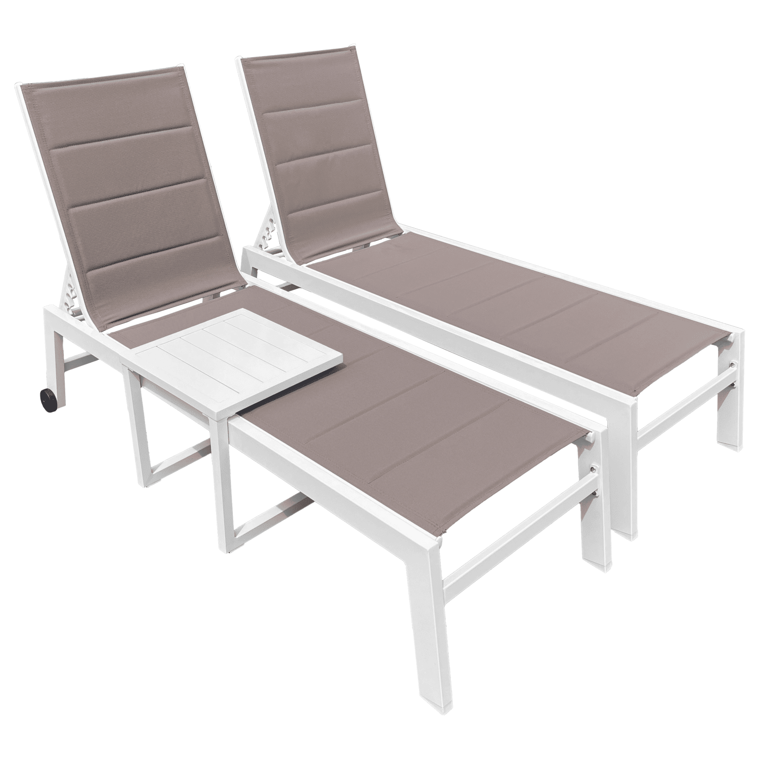 Set 2 bains de soleil et table d'appoint en textilène taupe - aluminium blanc