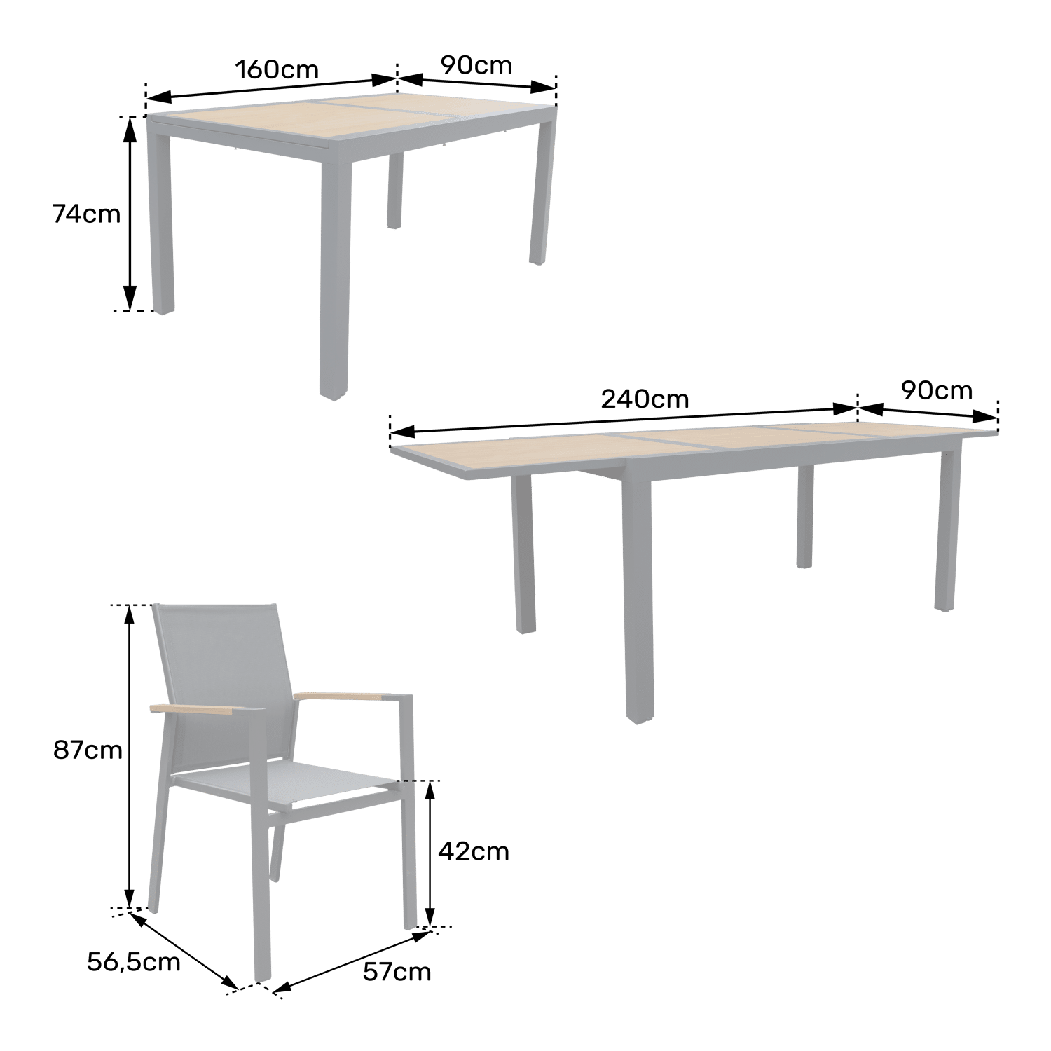 Conjunto de mobiliário de jardim extensível PALERMO cinzento textilene, 8 lugares - alumínio antracite e efeito madeira