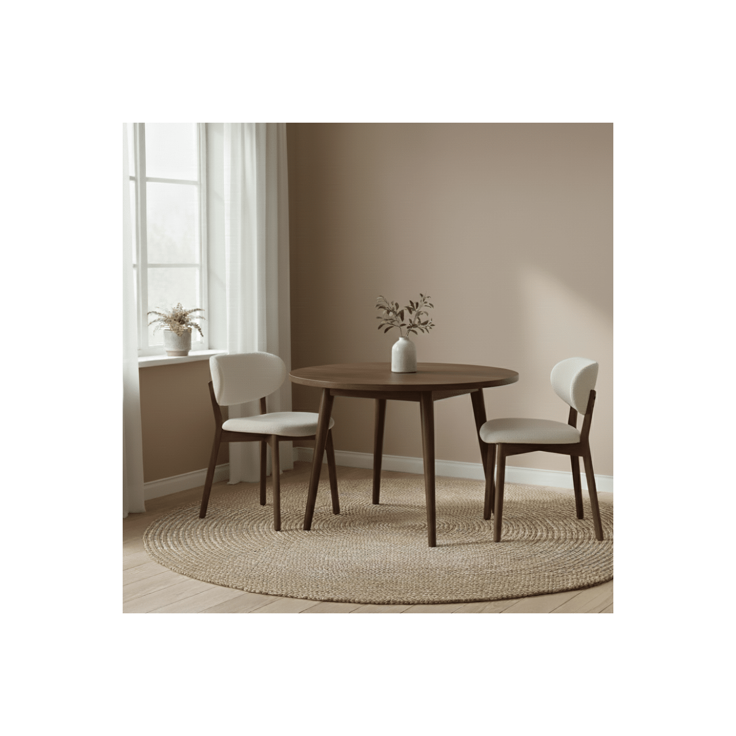 Conjunto de 2 cadeiras AURA em madeira escura e tecido boucle bege