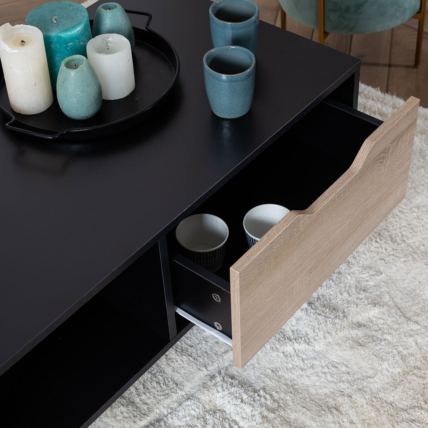 FREJA tavolino nero in stile scandinavo con cassetto