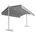 Store double pente FRENE sur pieds 3,95 x 3 m - Toile rayée blanche/grise et structure blanche