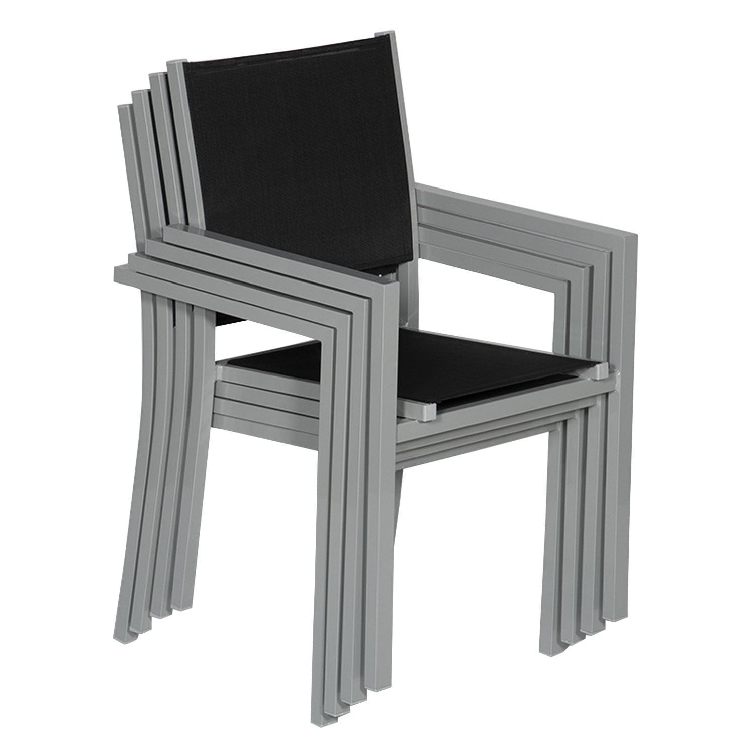 Satz von 8 Stühlen aus grauem Aluminium - schwarzes Textilene