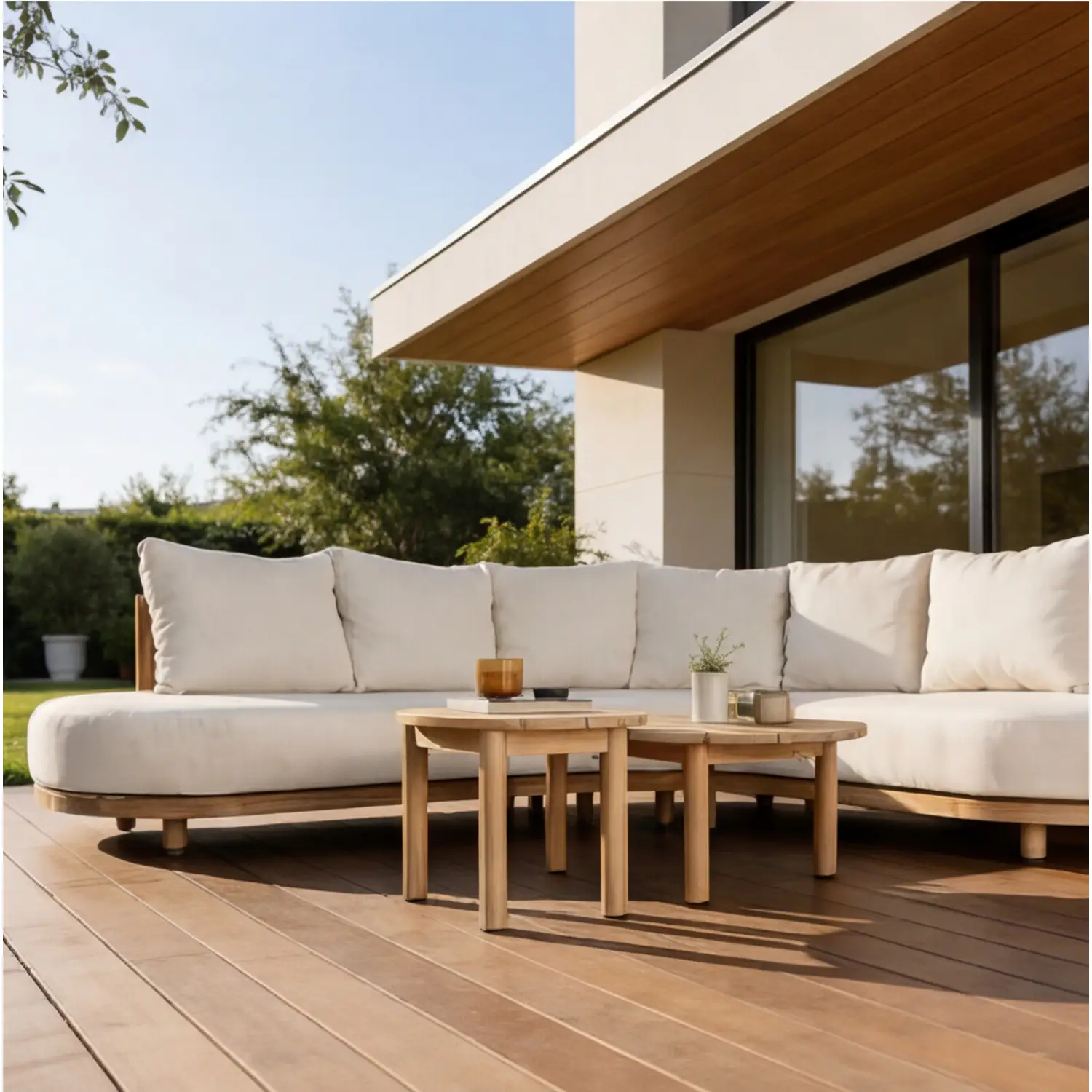 Set di mobili da giardino a 5 posti in acacia con cuscini beige