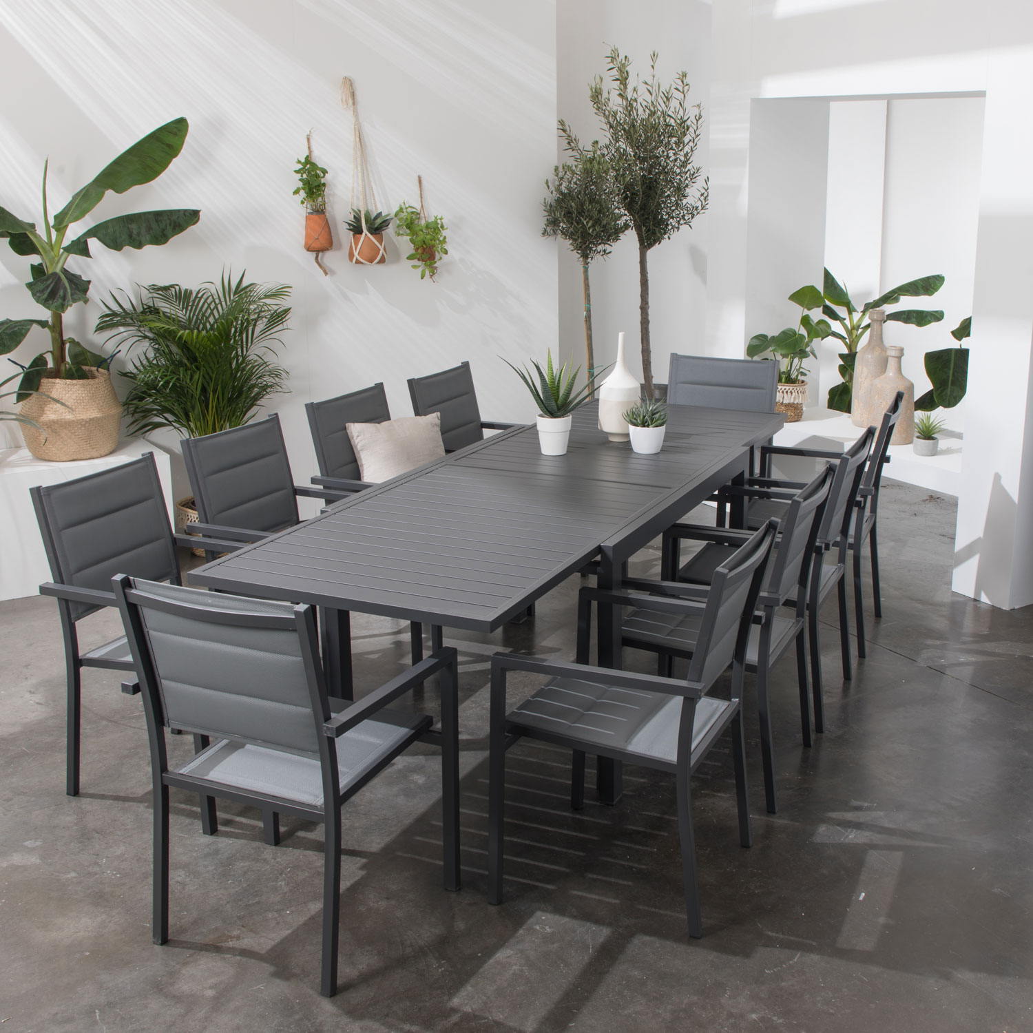 Ausziehbare Gartenmöbel VENEZIA aus grauem Textilene 10 Sitzplätze - Aluminium Anthrazit