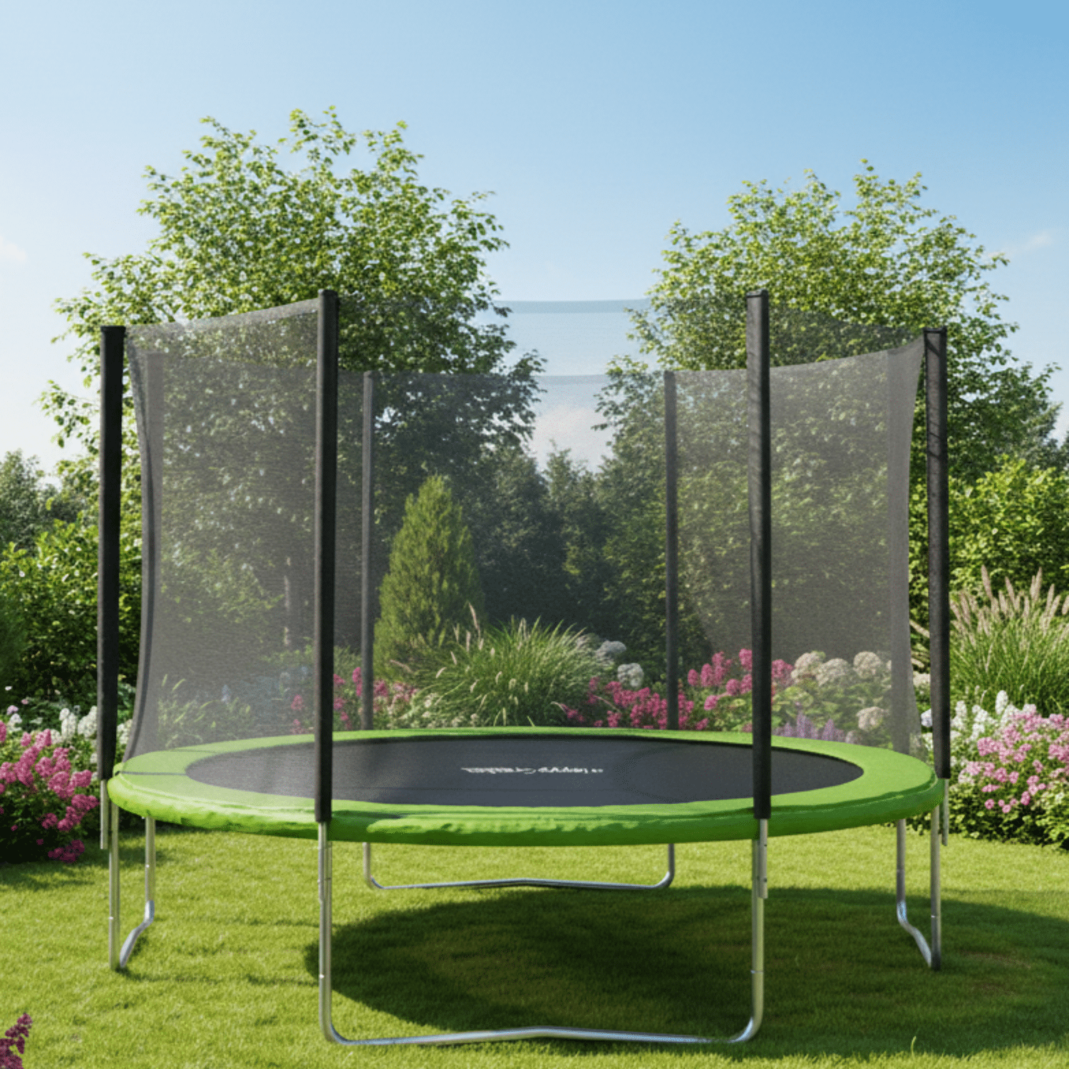 Pack Premium cama elástica de 305cm reversible verde/azul ADELAÏDE + red de seguridad + escalera + funda + kit de anclaje