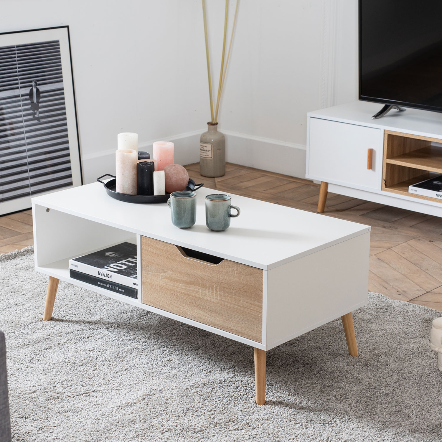 FREJA witte salontafel in scandinavische stijl met lade